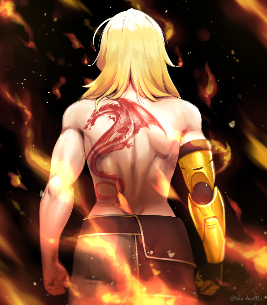 1girl back_tattoo belt blonde_hair butt_crack clenched_hands dragon_tattoo english_commentary fire from_behind hair_over_shoulder highres lulu-chan92 mechanical_arms medium_hair muscular muscular_female pants reward_available rwby shoulder_blades single_mechanical_arm solo tattoo topless yang_xiao_long