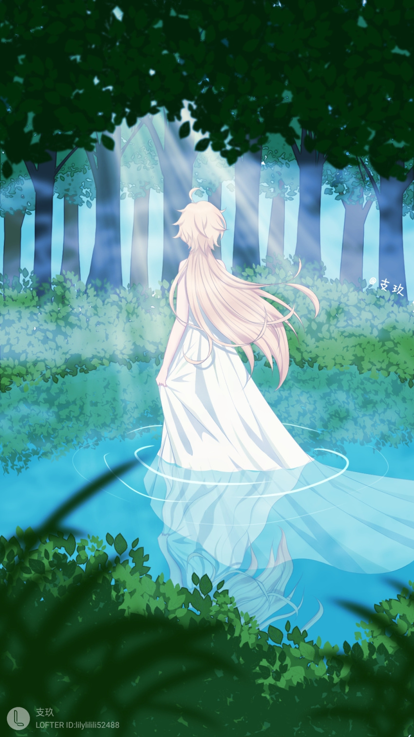 1boy aether_(genshin_impact) ahoge back blonde_hair dress floating_hair forest genshin_impact highres holding holding_clothes holding_dress lake leaf light_rays lilylilili52488 long_hair male_focus nature sitting_on_water solo waves white_dress wind