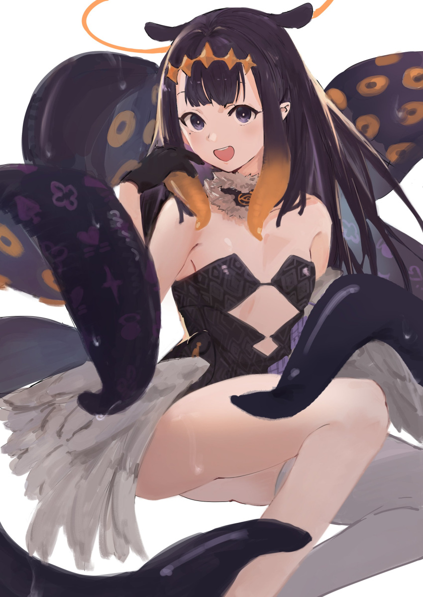 1girl absurdres bare_shoulders black_choker black_gloves choker clothing_cutout fur-trimmed_choker fur_trim gloves halo highres hololive hololive_english long_hair looking_at_viewer low_wings mole mole_under_eye multicolored multicolored_hair ninomae_ina'nis open_mouth orange_hair patterned patterned_clothing purple_hair single_thighhigh smile solo teeth tentacles thigh-highs tsuiru upper_teeth violet_eyes virtual_youtuber white_legwear wings