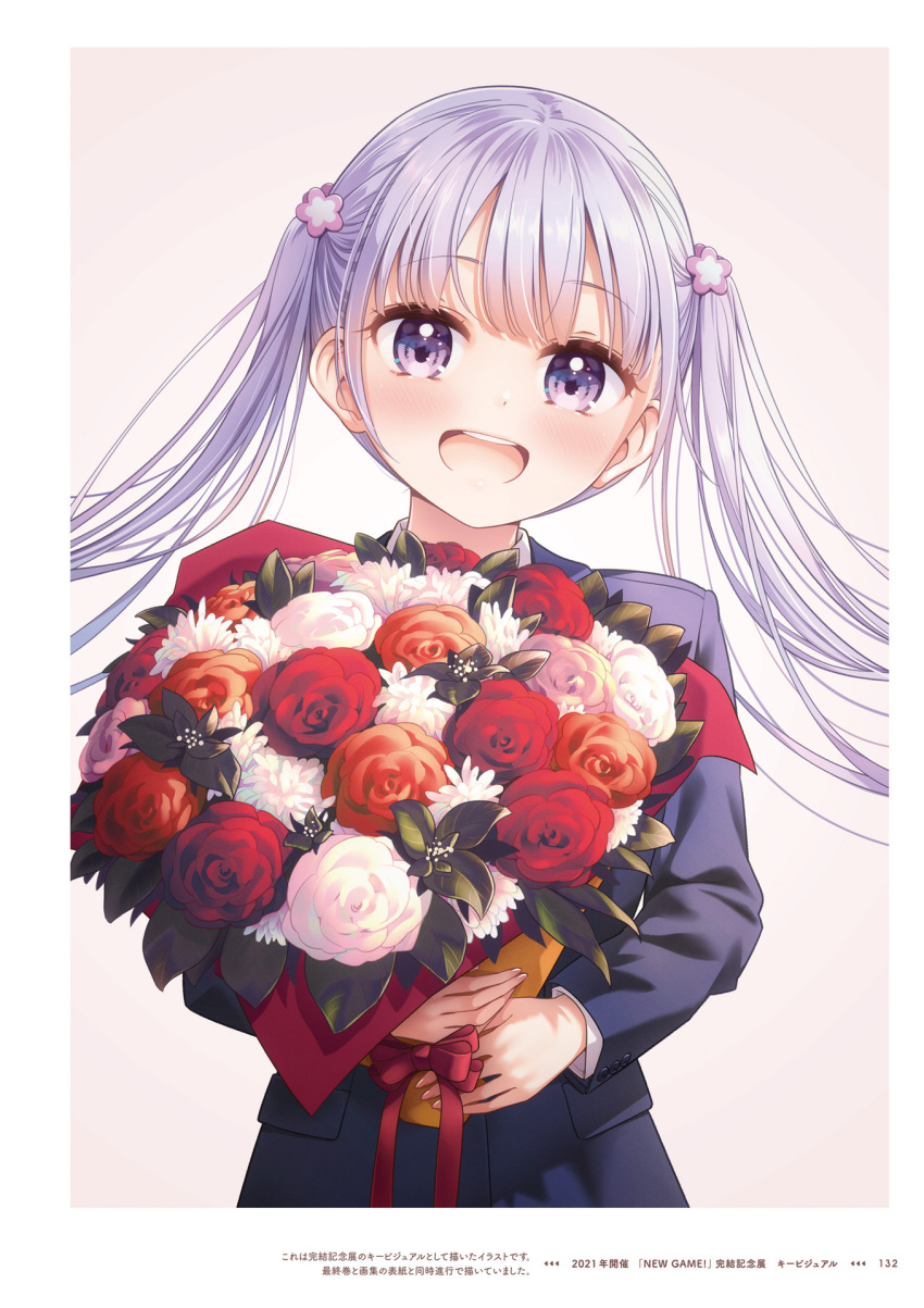 1girl 2021 :d bangs blazer blush bouquet copyright_name floating_hair flower highres holding holding_bouquet jacket long_hair long_sleeves new_game! official_art open_mouth orange_flower orange_rose page_number purple_jacket red_flower red_rose rose shiny shiny_hair silver_hair smile solo suzukaze_aoba tokunou_shoutarou twintails upper_body very_long_hair violet_eyes white_flower white_rose