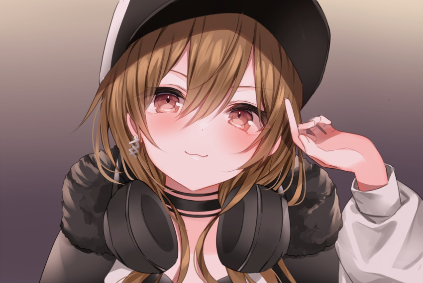 1girl :3 bangs baseball_cap black_jacket blush brown_eyes brown_hair d4dj earrings eyebrows_behind_hair hat head_tilt headphones headphones_around_neck highres jacket jewelry komomo_(ptkrx) medium_hair portrait smile solo white_headwear yamate_kyouko