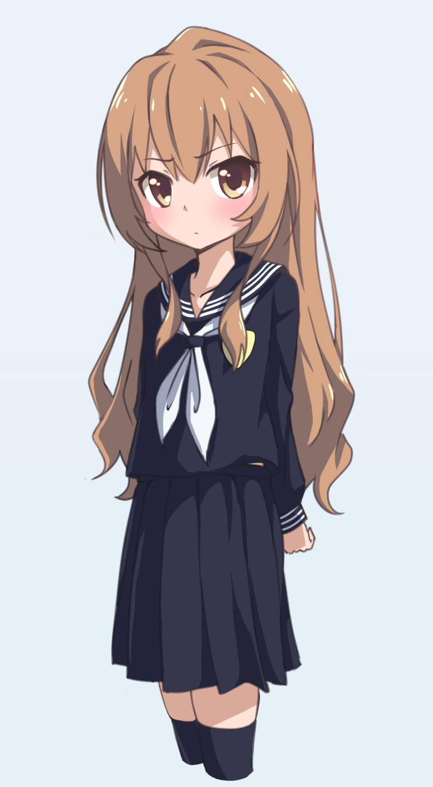 1girl aisaka_taiga arms_at_sides black_legwear black_sailor_collar black_shirt black_skirt blue_background blush breast_pocket brown_eyes brown_hair child closed_mouth collarbone commentary cropped_legs flat_chest highres keven_(ewdx3754) long_hair long_sleeves looking_at_viewer miniskirt neckerchief pleated_skirt pocket sailor_collar shiny shiny_hair shirt sidelocks simple_background skindentation skirt solo standing thigh-highs toradora! v-shaped_eyebrows white_neckwear zettai_ryouiki