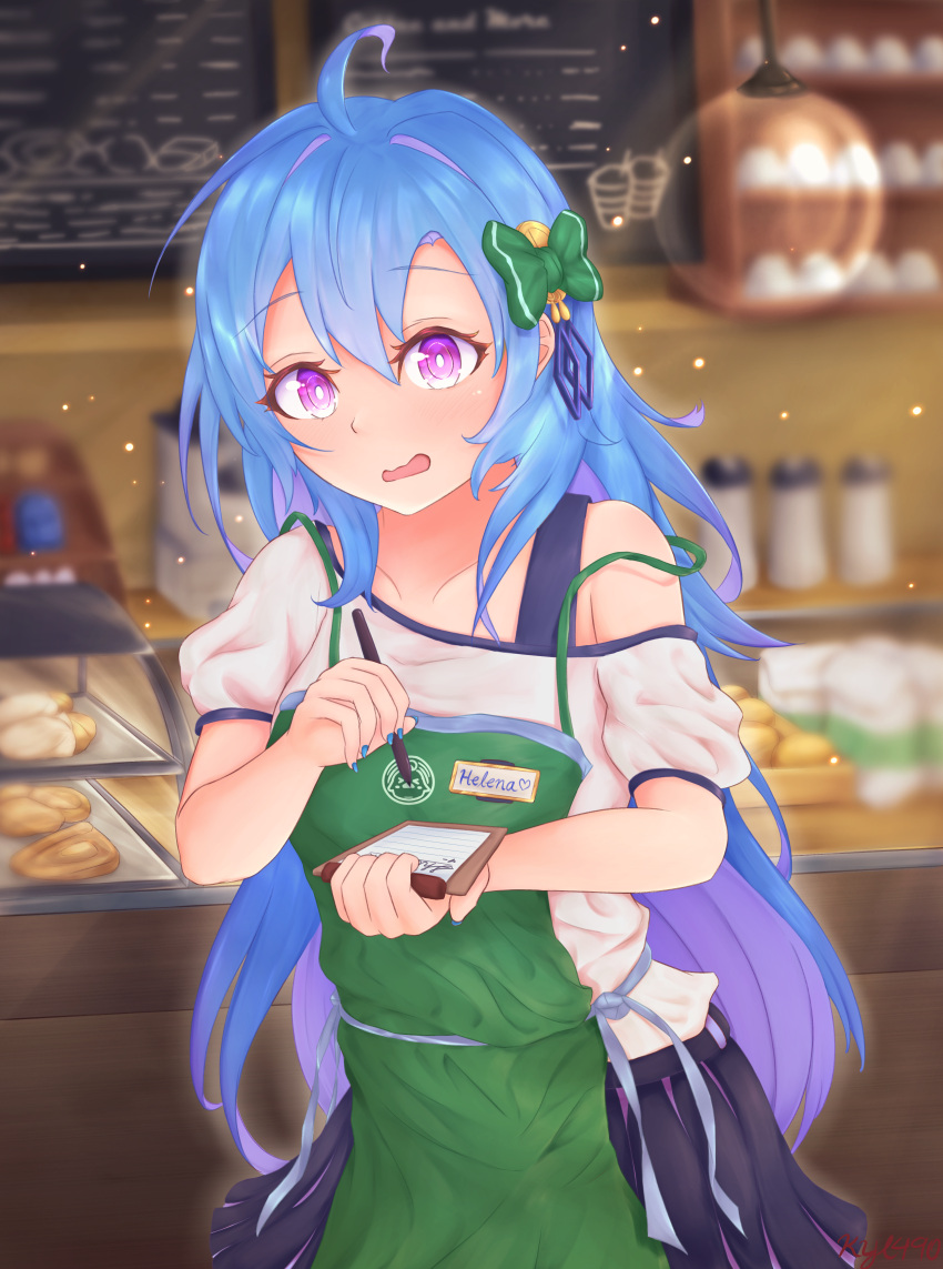 1girl absurdres alternate_costume apron azur_lane blue_hair blue_nails blurry blurry_background bow character_name eyebrows_visible_through_hair green_apron green_bow hair_bow helena_(azur_lane) highres holding holding_pen iced_latte_with_breast_milk_(meme) indoors kyl490 long_hair looking_at_viewer meme multicolored_hair nail_polish notepad pen purple_hair purple_skirt shirt short_sleeves skirt standing two-tone_hair violet_eyes white_shirt