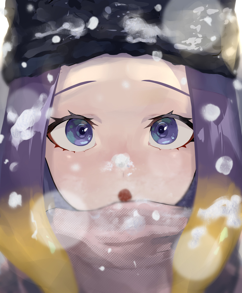 1girl absurdres azura_(azuart0) close-up face highres hololive hololive_english ninomae_ina'nis open_mouth purple_hair scarf snow snow_on_head snow_on_headwear tentacle_hair violet_eyes virtual_youtuber winter winter_clothes