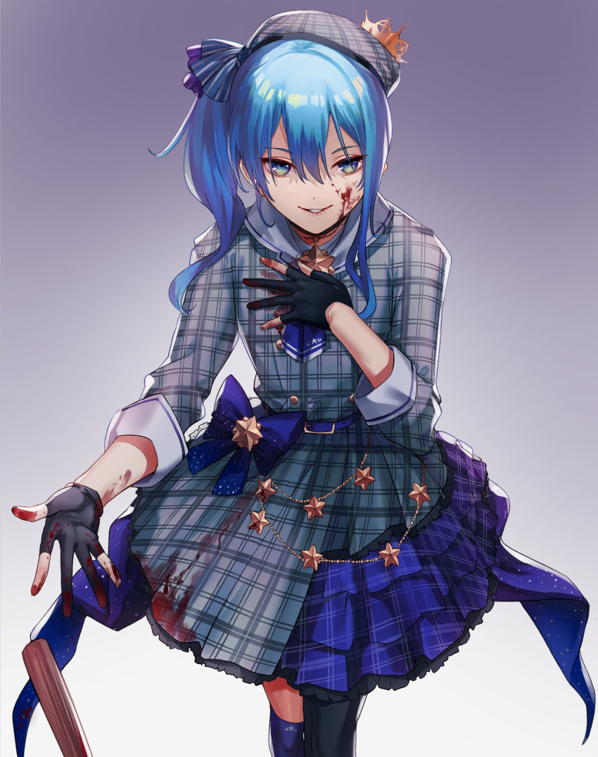 1girl asymmetrical_hair asymmetrical_legwear belt beret black_gloves black_legwear blood blood_on_clothes blood_on_face blood_on_hands blood_on_weapon blue_belt blue_bow blue_eyes blue_hair blue_legwear blue_neckwear blue_skirt bow choker coattails commentary crown eredhen eyebrows_visible_through_hair feet_out_of_frame fingerless_gloves flat_chest gloves gradient gradient_background grey_headwear grey_jacket grey_skirt grin hair_between_eyes hand_on_own_chest hat hat_ribbon highres hololive hoshimachi_suisei jacket layered_skirt lips looking_at_viewer medium_hair mini_crown miniskirt mismatched_legwear necktie open_hand outstretched_hand parted_lips plaid plaid_headwear plaid_jacket plaid_skirt purple_background ribbon short_necktie side_ponytail simple_background skirt smile solo star_(symbol) star_choker star_in_eye striped striped_ribbon symbol_in_eye thigh-highs tilted_headwear virtual_youtuber weapon