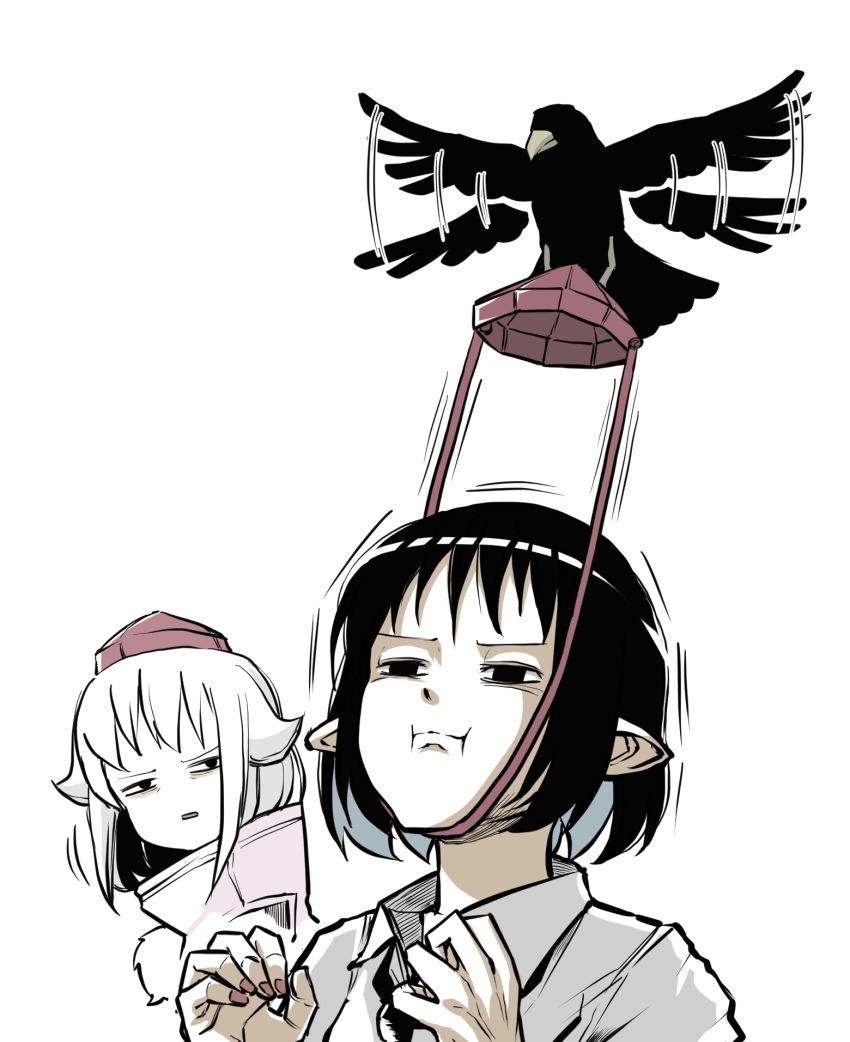 2girls bangs bird black_hair closed_mouth collared_shirt crow facing_viewer fingernails hat high_collar highres inubashiri_momiji motion_lines multiple_girls necktie peroponesosu. pointy_ears portrait red_headwear shameimaru_aya shirt short_hair sidelocks simple_background tokin_hat touhou white_background white_hair white_shirt