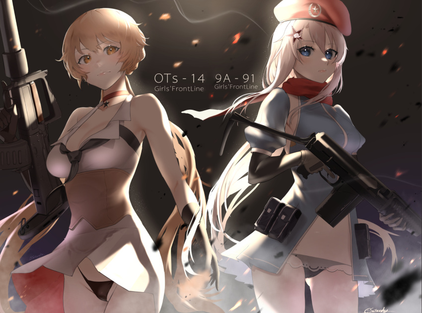 1girl 9a-91 9a-91_(girls'_frontline) ammunition_pouch artist_name assault_rifle bangs beret black_gloves black_neckwear black_panties blonde_hair blue_dress blue_eyes blush breasts brown_corset bullpup character_name choker closed_mouth clothes_lift commentary_request copyright_name cowboy_shot dress dress_lift elbow_gloves eyebrows_visible_through_hair girls_frontline gloves gun hair_ornament hat highres holding holding_gun holding_weapon lips long_hair looking_at_viewer low_twintails medium_breasts navel necktie orange_eyes ots-14 ots-14_(girls'_frontline) panties ponytail pouch red_choker red_headwear red_scarf rifle saturndxy scarf see-through silver_hair simple_background smile solo standing star_(symbol) star_choker star_hair_ornament twintails underwear weapon white_dress