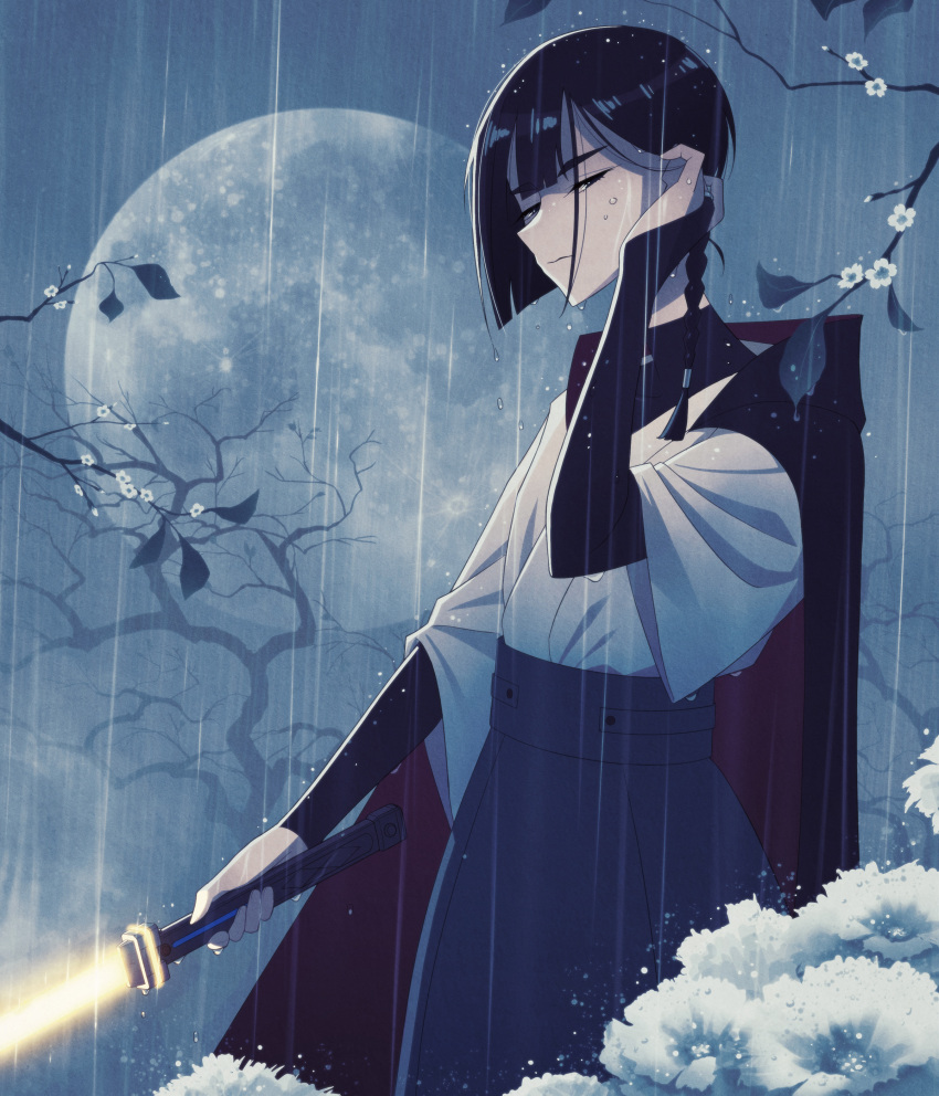 1girl 5health absurdres asymmetrical_hair bangs bare_tree black_gloves black_hair black_robe blue_skirt braid bridal_gauntlets energy_sword expressionless eyebrows_visible_through_hair f_(star_wars) flower full_moon gloves hair_over_shoulder half-closed_eyes highres holding holding_hair holding_lightsaber holding_weapon hood hood_down hooded_robe japanese_clothes leaf light_particles lightsaber looking_at_viewer moon night night_sky rain robe shirt shirt_tucked_in short_hair skirt sky solo star_wars star_wars:_visions sword thick_eyebrows tree water_drop weapon white_shirt wide_sleeves