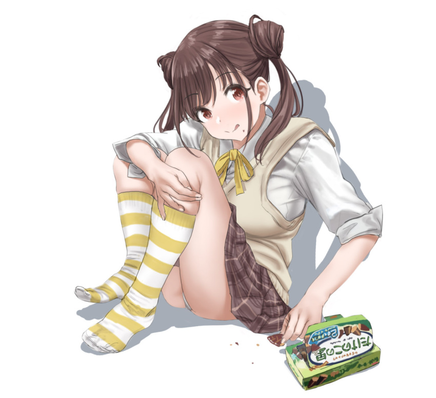 1girl :p bangs beige_vest blush box breasts brown_eyes brown_hair brown_skirt collared_shirt commentary_request cookie double_bun eyebrows_visible_through_hair food food_on_face hair_bun hamedoragon hugging_own_legs idolmaster idolmaster_shiny_colors kneehighs knees_up looking_at_viewer medium_breasts neck_ribbon panties pantyshot plaid plaid_skirt pleated_skirt revision ribbon school_uniform shirt sidelocks simple_background sitting skirt sleeves_rolled_up smile solo sonoda_chiyoko striped_footwear takenoko_no_sato_(food) thighs tongue tongue_out twintails two-tone_legwear underwear uniform vest vest_over_shirt white_background white_panties white_shirt yellow_neckwear