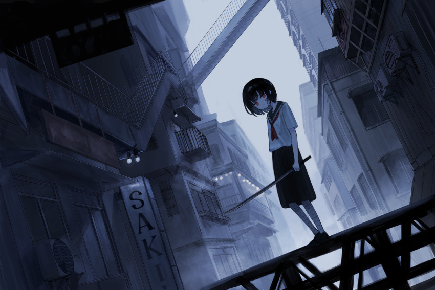 1girl arm_at_side bandaged_leg bandages bangs black_footwear black_hair black_sailor_collar breasts building city closed_mouth commentary_request day dutch_angle fog grey_shirt highres holding holding_sword holding_weapon light_bulb looking_at_viewer neckerchief original outdoors pleated_skirt red_eyes red_neckwear sailor_collar sakiika0513 scenery school_uniform serafuku shirt shoes short_hair sign skirt small_breasts solo stairs standing sword weapon window
