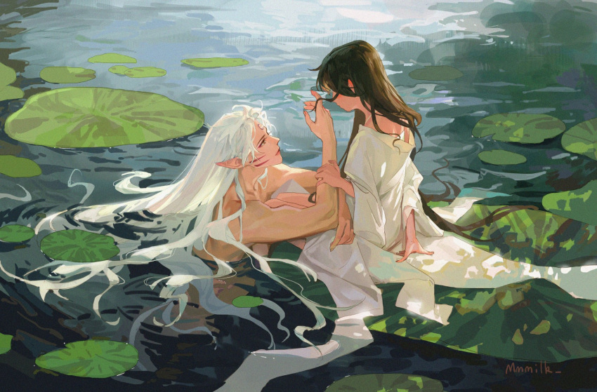 1boy 1girl black_hair blush dress facial_mark highres inuyasha lake lily_pad long_hair looking_at_another merman mmmilk monster_boy playing_with_another's_hair pointy_ears sesshoumaru topless_male very_long_hair white_dress white_hair