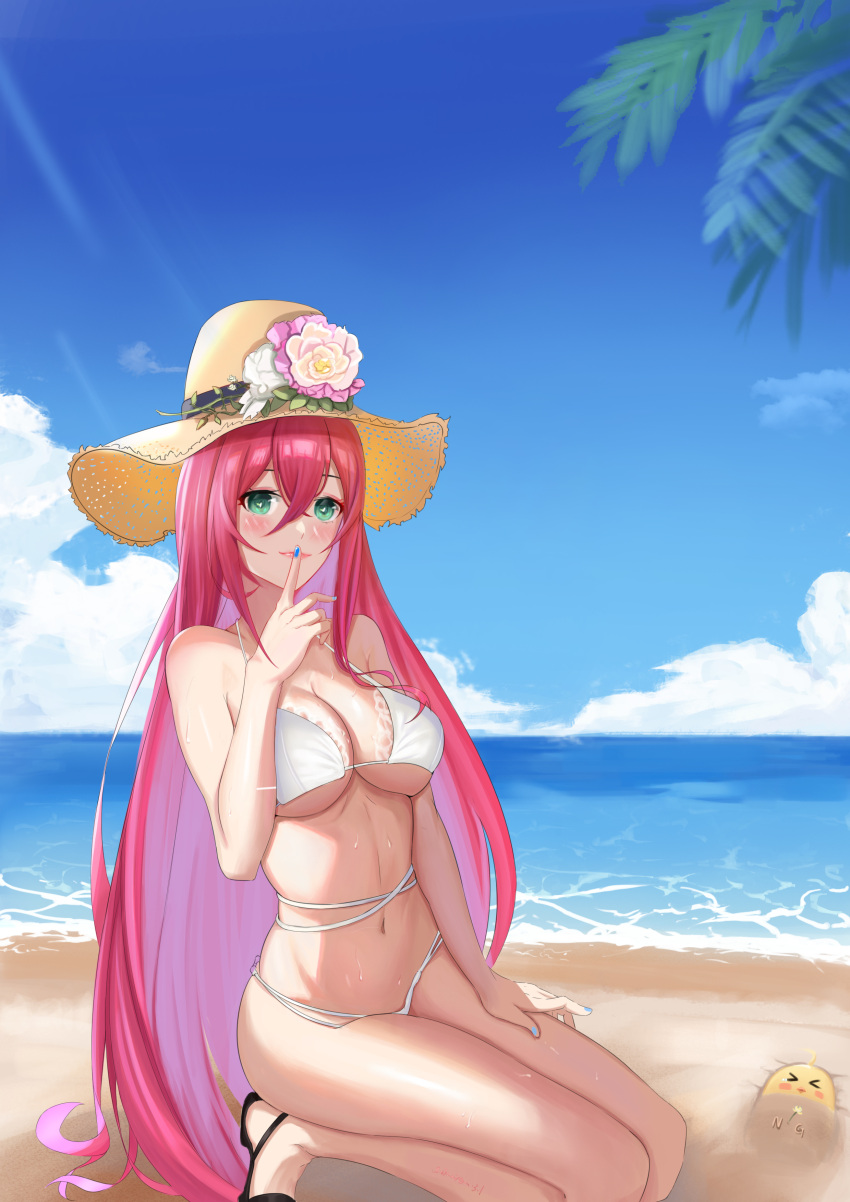 &gt;_&lt; 1girl absurdres azur_lane beach bikini black_footwear blue_nails blue_sky breasts clouds cloudy_sky finger_to_mouth flower full_body green_eyes hat hat_flower heart heart-shaped_pupils highres large_breasts long_hair looking_at_viewer manjuu_(azur_lane) multiple_straps nail_polish nanqizizhou official_alternate_costume outdoors purple_hair sand sky solo straw_hat summer surcouf_(azur_lane) surcouf_(loisirs_balneaires)_(azur_lane) swimsuit symbol-shaped_pupils very_long_hair white_bikini