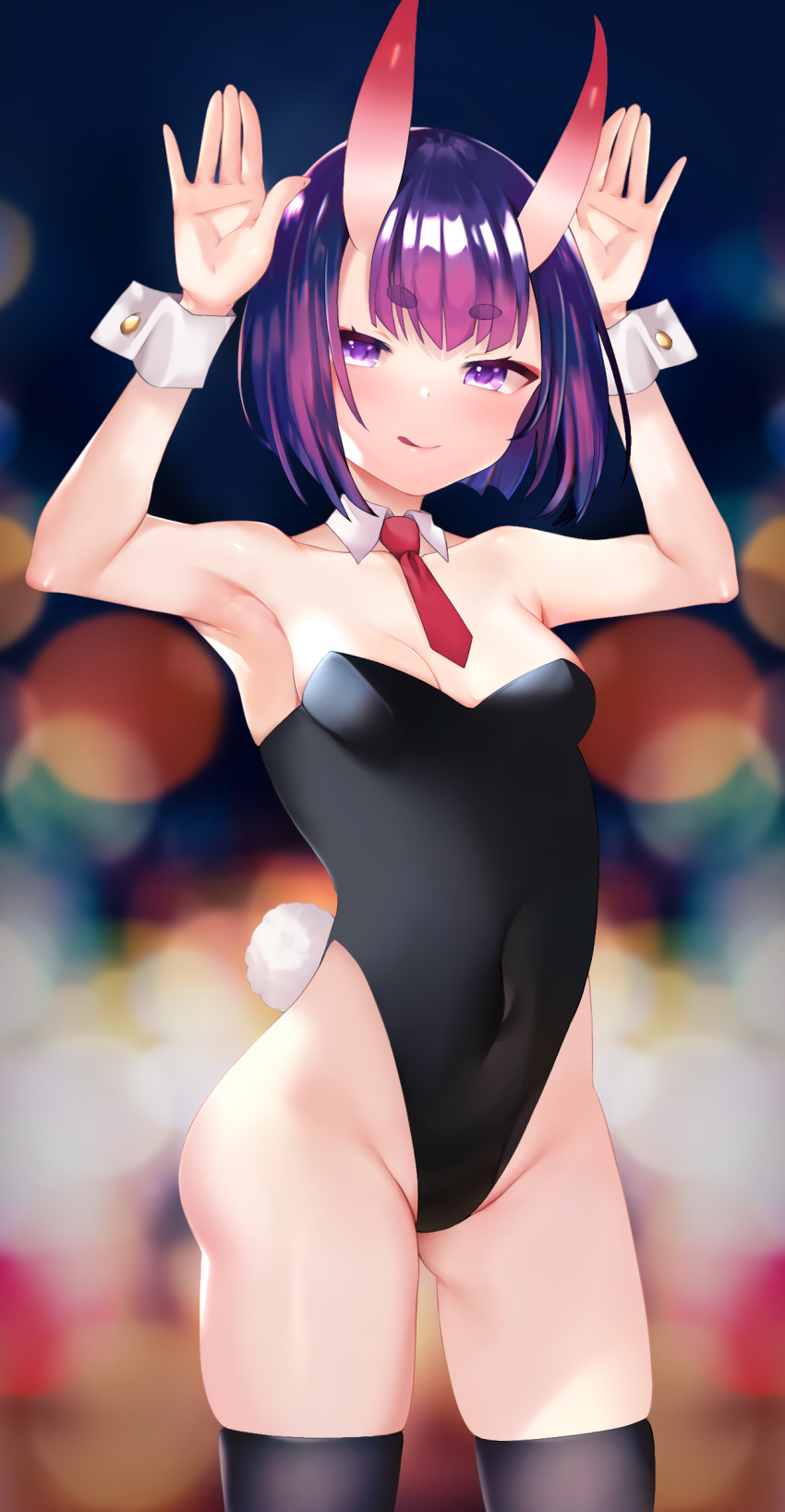 1girl absurdres animal_ears armpits arms_up bangs bare_shoulders black_legwear black_leotard blush bob_cut breasts bunny_pose covered_navel detached_collar eyeliner fake_animal_ears fate/grand_order fate_(series) highleg highleg_leotard highres horns leotard licking_lips looking_at_viewer makeup oni oni_horns playboy_bunny purple_hair rabbit_ears rabbit_tail sabi_(rupf2384) short_hair shuten_douji_(fate) skin-covered_horns small_breasts smile solo tail thigh-highs tongue tongue_out violet_eyes wrist_cuffs