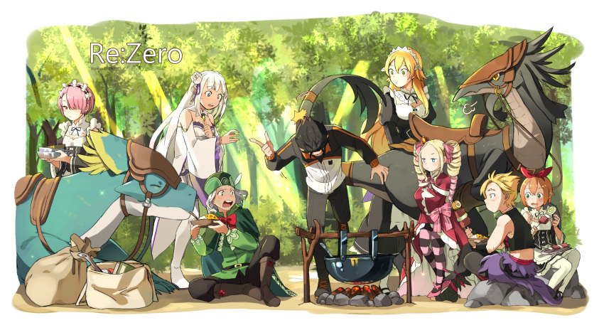 absurdres bangsutur bare_shoulders beatrice_(re:zero) black_hair blonde_hair blue_eyes campfire detached_sleeves eating emilia_(re:zero) forest frederica_baumann garfiel_tinsel gyan_(re:zero) hair_ornament hair_slicked_back hat highres light_rays luggage maid natsuki_subaru nature orange_hair otto_suewen outdoors patrasche_(re:zero) petra_leyte pink_eyes pink_hair ram_(re:zero) re:zero_kara_hajimeru_isekai_seikatsu ribbon silver_hair sitting sunbeam sunlight violet_eyes