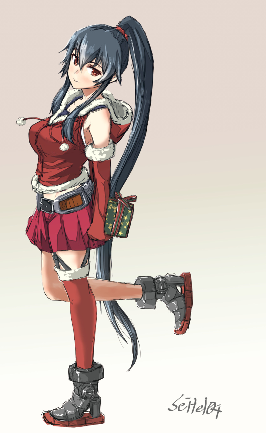 1girl belt black_hair black_sailor_collar blush boots closed_mouth commentary detached_sleeves elbow_gloves eyebrows_visible_through_hair full_body gift gloves grey_background grey_footwear hair_between_eyes high_heel_boots high_heels highres hood hoodie kantai_collection long_hair pleated_skirt ponytail red_eyes red_gloves red_hoodie red_legwear red_scrunchie red_shirt red_skirt sailor_collar santa_costume scrunchie seitei_(04seitei) shirt shirt_under_shirt single_thighhigh skirt smile solo thigh-highs twitter_username yahagi_(kancolle)