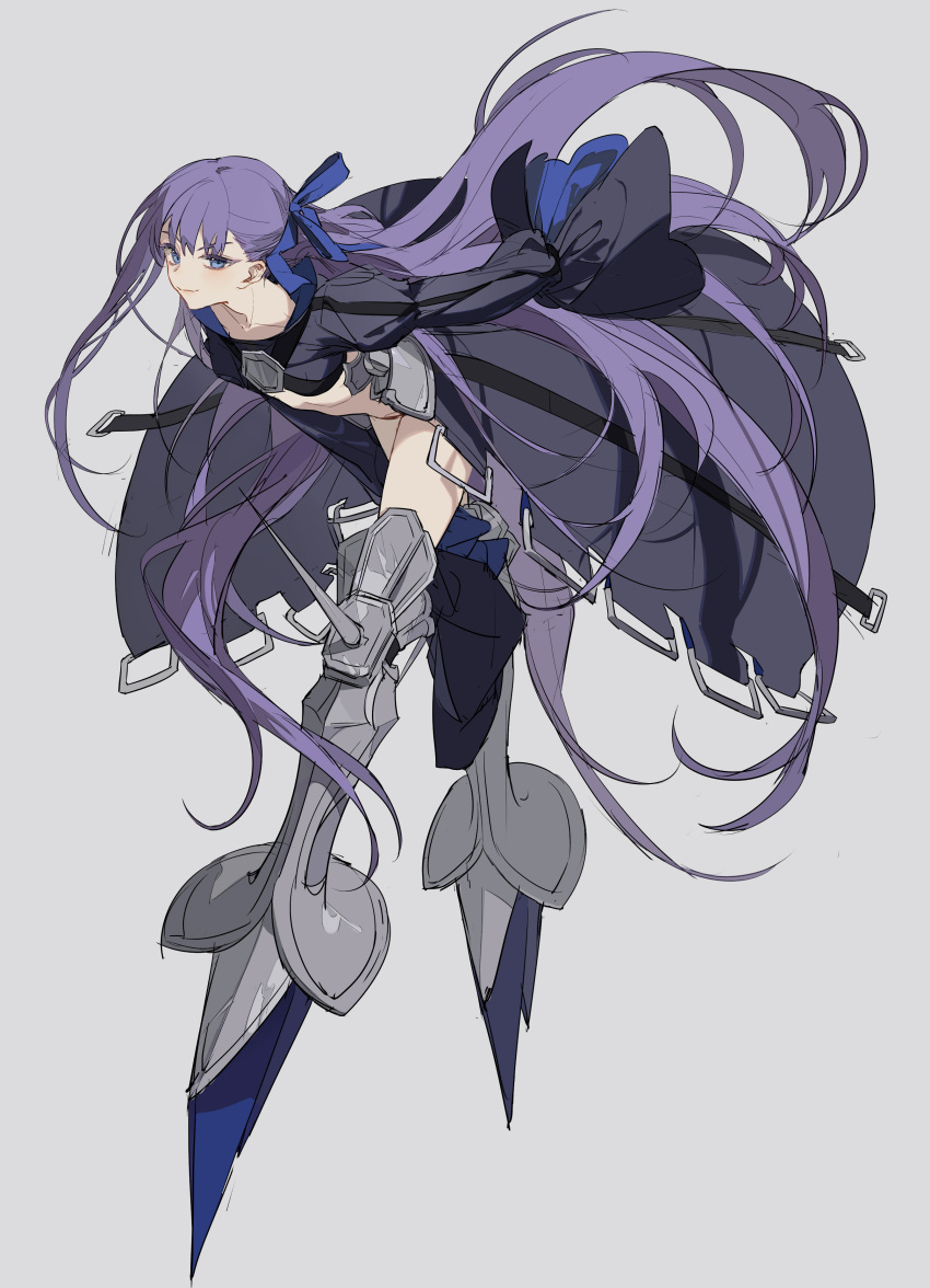 1girl absurdres bangs black_jacket blue_bow blue_eyes bow closed_mouth eyebrows_behind_hair fate/extra fate/extra_ccc fate_(series) full_body grey_background hair_bow highres jacket juliet_sleeves leaning_forward long_sleeves meltryllis_(fate) puffy_sleeves purple_hair simple_background sleeves_past_fingers sleeves_past_wrists solo spikes v-shaped_eyebrows zhibuji_loom