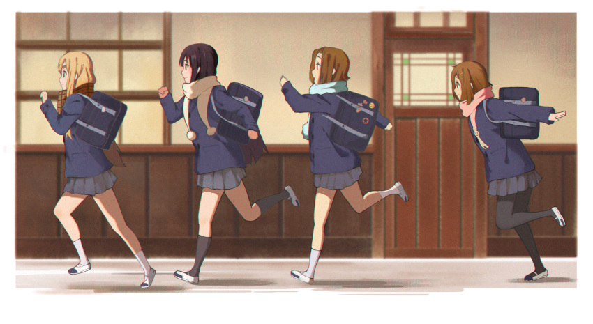 24kchunshuai 4girls akiyama_mio arms_behind_back bag black_hair black_legwear blazer blonde_hair blue_jacket blue_scarf brown_hair brown_scarf buttons carrying_bag closed_mouth commentary from_side gloves grey_skirt hair_ornament hairclip highres hirasawa_yui jacket k-on! kneehighs kotobuki_tsumugi long_hair long_sleeves miniskirt multiple_girls naruto_run outdoors outstretched_arms pantyhose pink_scarf plaid plaid_scarf pleated_skirt profile red_gloves running sakuragaoka_high_school_uniform scarf school_bag school_uniform short_hair skirt smile socks tainaka_ritsu white_footwear white_legwear