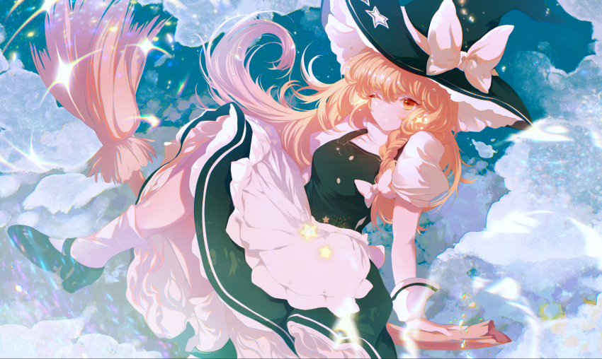 1girl apron azusa0v0 bangs black_dress black_footwear blonde_hair bow braid broom broom_riding buttons clouds cloudy_sky dress frilled_dress frills hat hat_bow highres juliet_sleeves kirisame_marisa long_hair long_sleeves mary_janes one_eye_closed puffy_sleeves shoes short_sleeves sky smile socks solo touhou waist_apron white_bow white_legwear witch_hat yellow_eyes