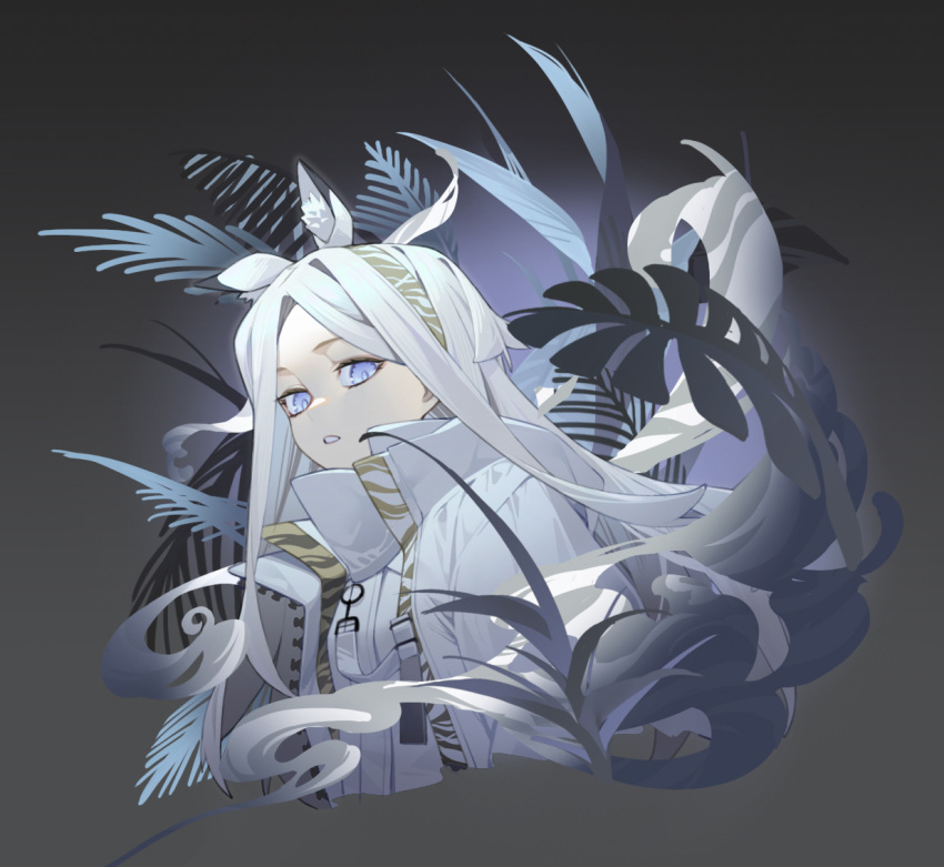 1girl animal_ears arknights blue_eyes brown_background coat fern gradient gradient_background grass hairband heavyrain_(arknights) high_collar leaf long_hair looking_at_viewer parted_lips plant sidelocks solo striped upper_body very_long_hair vinegar_kira white_coat white_hair zebra_ears zipper