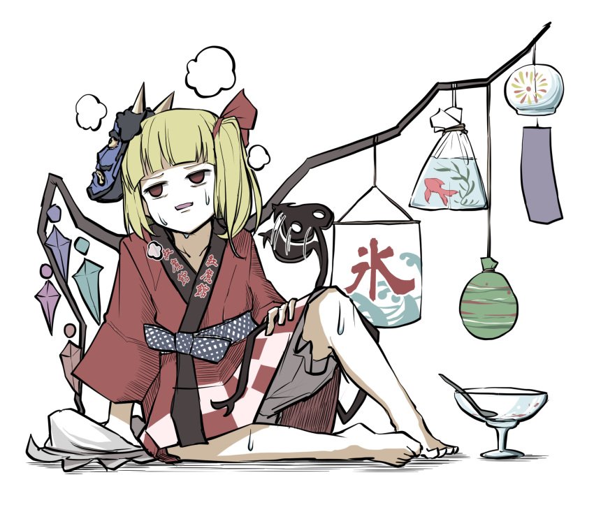 1girl alternate_costume arm_support bangs barefoot blonde_hair bloomers blue_sash blunt_bangs checkered checkered_kimono facing_viewer fish flandre_scarlet full_body glass_bowl hat hat_removed headwear_removed highres japanese_clothes kimono laevatein_(touhou) mask mask_on_head medium_hair mob_cap no_nose peroponesosu. plaid_sash red_eyes red_kimono sash side_ponytail simple_background sitting solo spoon sweat touhou underwear white_background wind_chime wings
