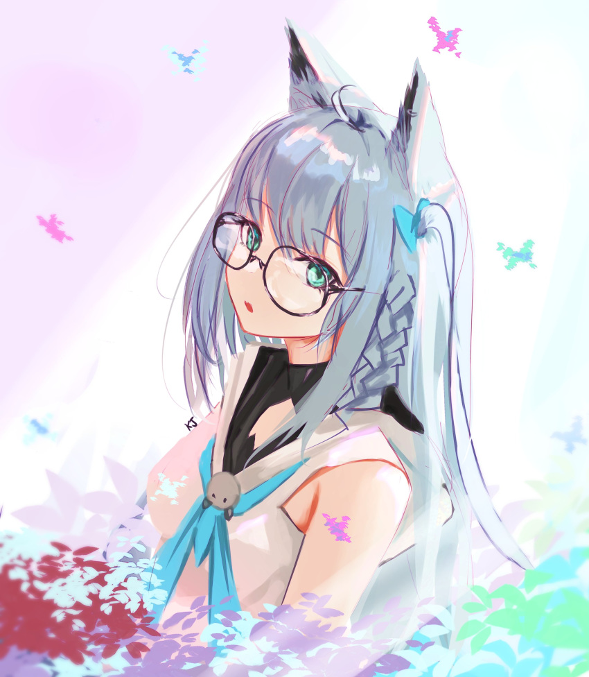 1girl absurdres ahoge animal_ears aqua_eyes bespectacled blue_neckwear bow braid commentary_request fox_ears glasses grey_hair hair_bow highres hololive kayjae long_hair looking_at_viewer mixed-language_commentary one_side_up shirakami_fubuki shirt single_braid sleeveless sleeveless_shirt solo upper_body white_shirt