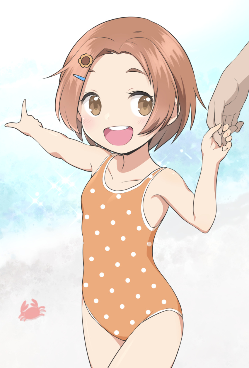 1girl 1other beach brown_eyes brown_hair hair_ornament hairclip highres holding_hands idolmaster idolmaster_cinderella_girls open_mouth out_of_frame pointing polka_dot polka_dot_swimsuit ryuuzaki_kaoru short_hair smile solo_focus standing swimsuit yama_tatsuo