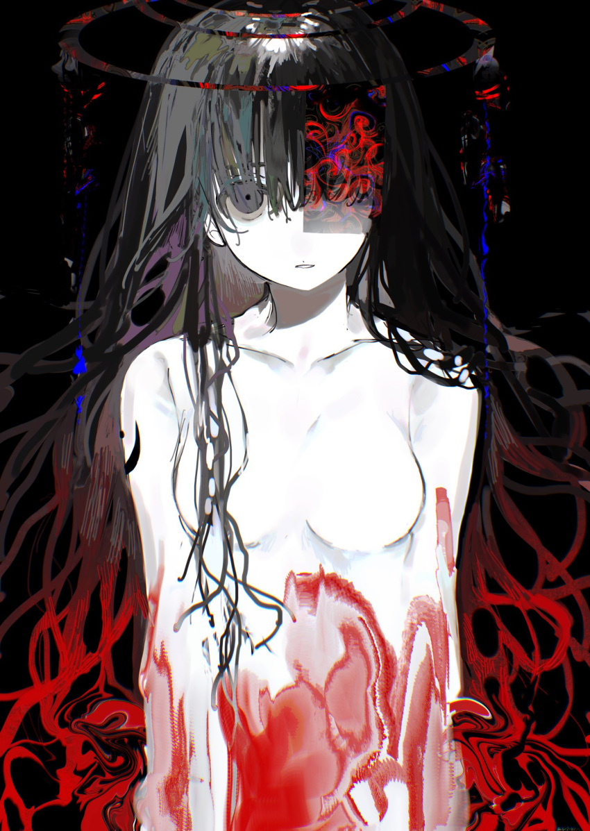 1girl bangs black_background black_hair breasts colored_skin glitch gradient_hair grey_eyes hair_between_eyes halo highres isomu long_hair looking_at_viewer medium_breasts multicolored_hair no_nipples original pale_skin redhead simple_background solo upper_body very_long_hair white_skin