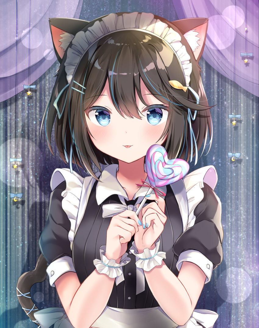 1girl :p absurdres animal_ear_fluff animal_ears apron bangs black_dress black_hair blue_eyes breasts candy cat_ears cat_girl cat_tail closed_mouth commentary curtains dress english_commentary eyebrows_visible_through_hair food hair_between_eyes hands_up heart_lollipop highres holding holding_candy holding_food holding_lollipop lollipop looking_at_viewer maid maid_headdress masayo_(gin_no_ame) original puffy_short_sleeves puffy_sleeves short_sleeves small_breasts smile solo swirl_lollipop tail tail_raised tongue tongue_out upper_body white_apron wrist_cuffs