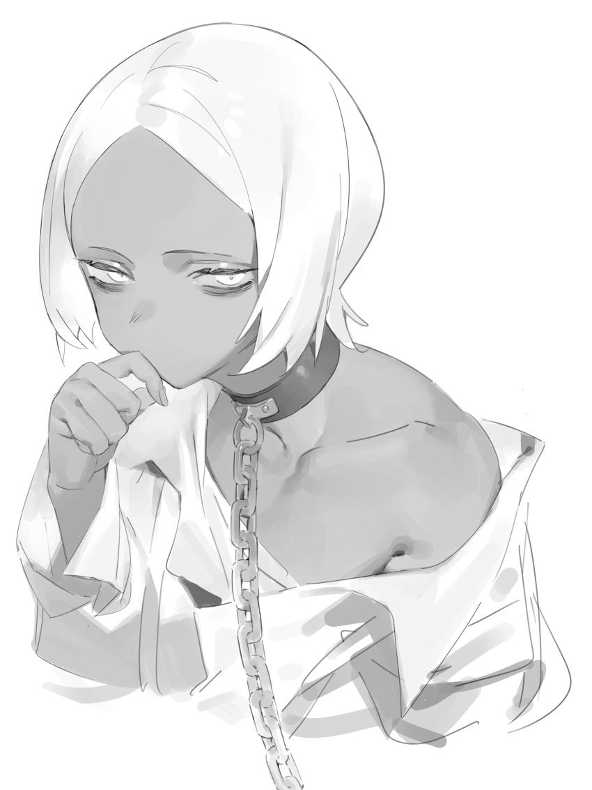 1girl absurdres amrkdrw chain choker collarbone eyelashes fingernails greyscale half-closed_eyes highres leash monochrome original short_hair simple_background single_bare_shoulder solo upper_body white_background