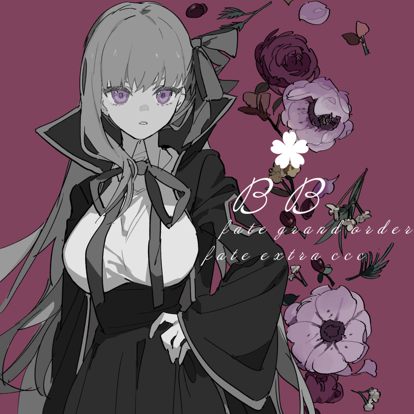 1girl absurdres bangs bb_(fate) bb_(fate/extra) bow breasts character_name copyright_name eyebrows_behind_hair fate/extra fate/extra_ccc fate_(series) floral_background flower hair_bow hand_on_hip highres jacket long_hair long_sleeves looking_at_viewer medium_breasts neck_ribbon open_clothes open_jacket parted_lips purple_background purple_flower purple_rose ribbon rose shirt simple_background skirt sleeves_past_wrists solo very_long_hair violet_eyes wide_sleeves zhibuji_loom