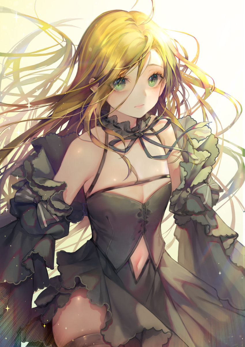1girl absurdres blonde_hair closed_mouth clothing_cutout detached_sleeves eyes_visible_through_hair flat_chest green_eyes hair_between_eyes hayanpool highres looking_at_viewer navel navel_cutout original solo