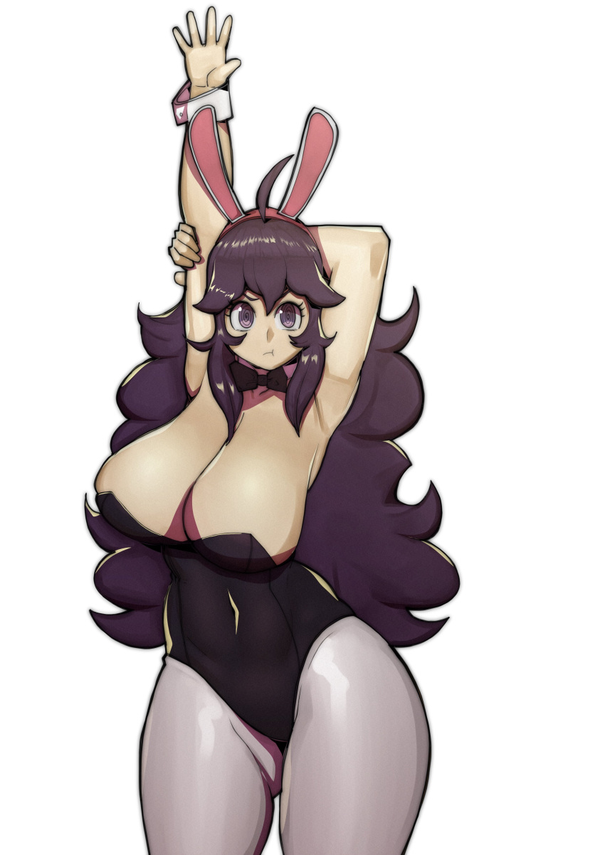 1girl :t absurdres ahoge animal_ears arm_up black_neckwear bow bowtie breasts curvy doublehero fake_animal_ears hex_maniac_(pokemon) highres large_breasts long_hair playboy_bunny pokemon pokemon_(game) pokemon_xy purple_hair rabbit_ears stretch thighs very_long_hair violet_eyes wrist_cuffs