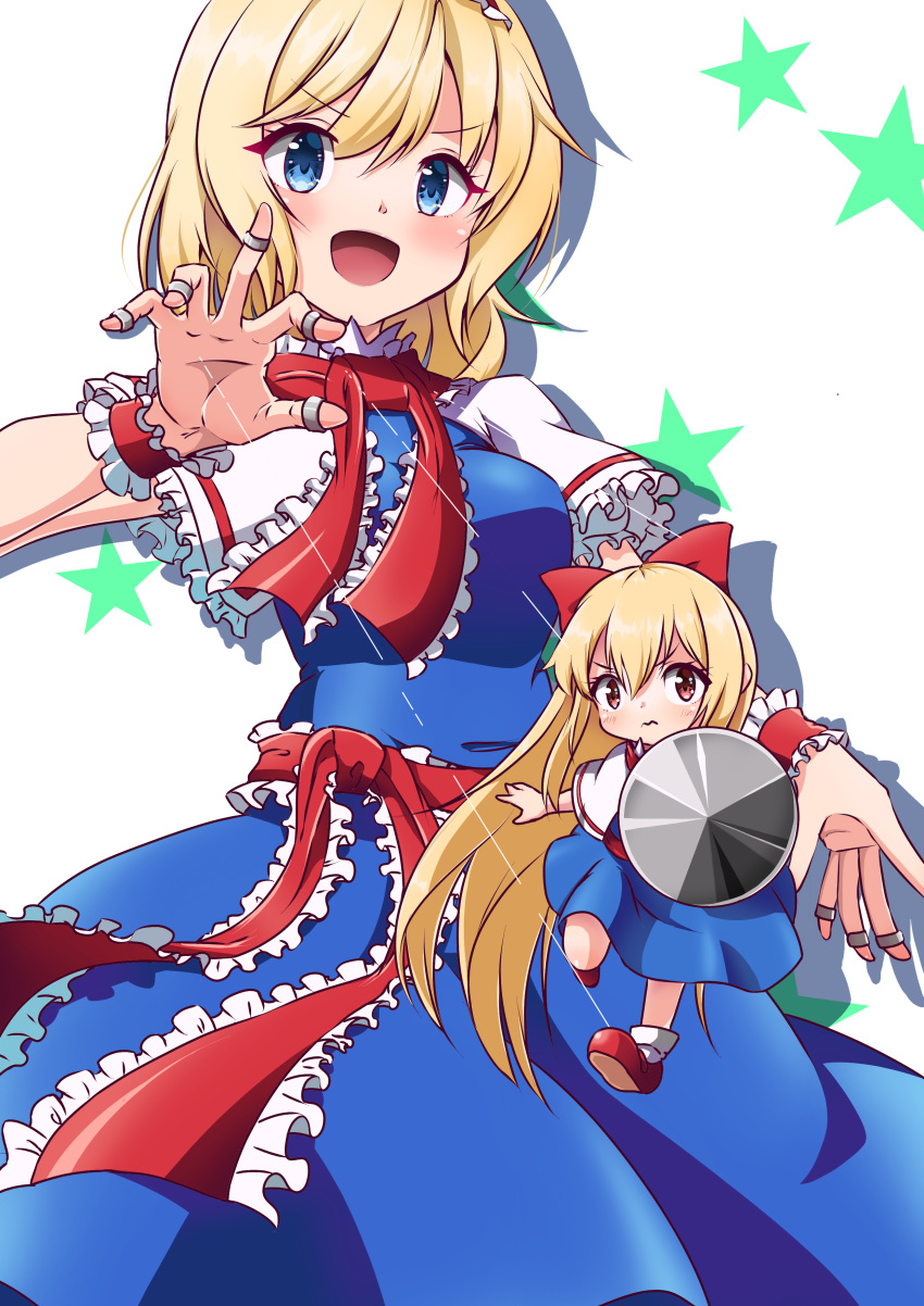 1girl :d absurdres alice_margatroid apron bangs blonde_hair blue_dress blue_eyes blush book bow bowtie breasts capelet closed_mouth commentary cowboy_shot doll dress eyebrows_visible_through_hair grimoire_of_alice hair_between_eyes hair_bow hairband highres jewelry lance looking_at_viewer mary_janes medium_breasts open_mouth polearm red_bow red_footwear red_hairband red_neckwear red_sash ring sash shoes short_hair simple_background smile solo standing string swept_bangs takuman135 touhou weapon white_apron white_capelet wrist_cuffs