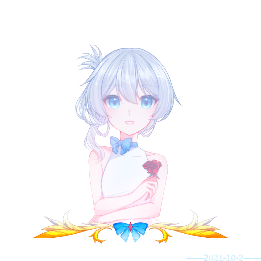 1girl bangs blue_eyes closed_mouth flower grin hair_between_eyes hair_ornament highres holding holding_flower honkai_(series) honkai_impact_3rd looking_at_viewer open_mouth purple_flower purple_rose qaliw rose simple_background smile solo teeth theresa_apocalypse white_background white_hair