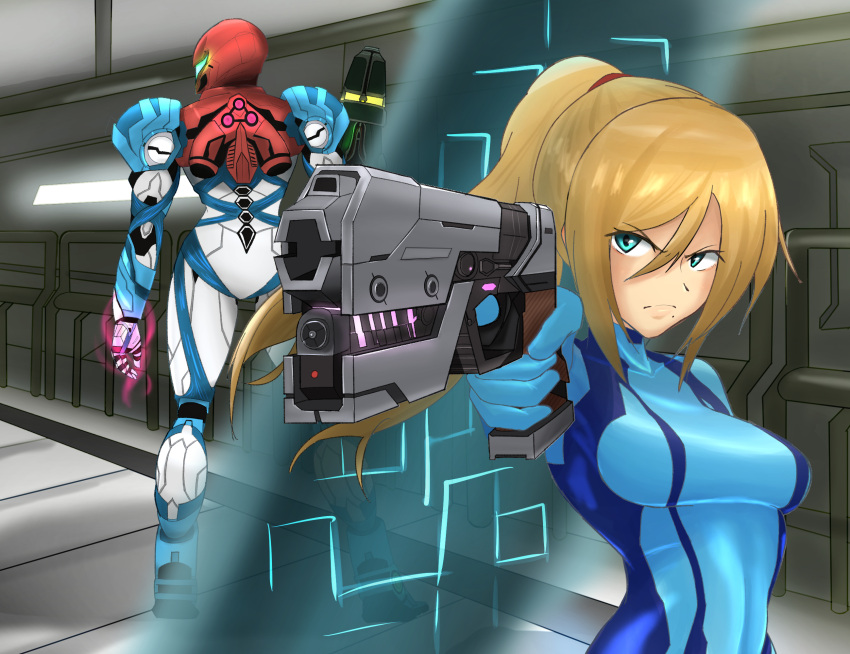 1girl arm_cannon armor ass bangs blonde_hair blue_eyes breasts glowing gun hair_ornament helmet highres jewelry long_hair looking_at_viewer metroid metroid_(classic) metroid_dread mole mole_under_mouth ponytail power_armor power_suit samus_aran science_fiction sidelocks simple_background solo upper_body vanishingknife visor weapon zero_suit
