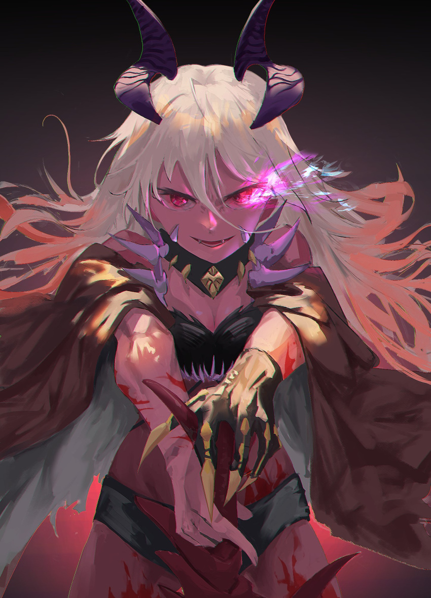 1girl breasts cape collar colored_skin dark_magician_beth demon_girl demon_horns flaming_eye frs grin guardian_tales highres holding holding_sword holding_weapon horns long_hair looking_at_viewer multicolored_hair painting_(medium) purple_skin scar simple_background sleeveless smile sword traditional_media weapon