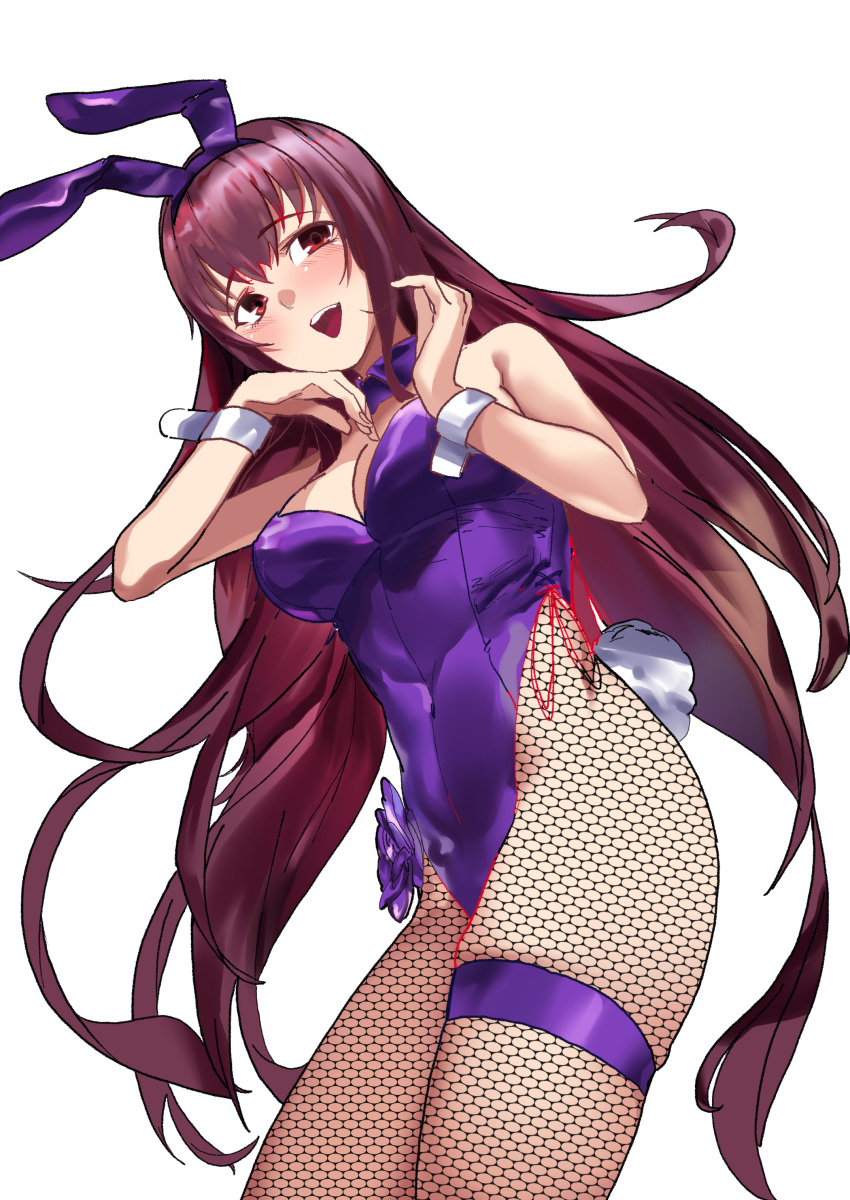 1girl absurdres animal_ears bangs breasts eyebrows_behind_hair eyebrows_visible_through_hair fake_animal_ears fake_tail fate/grand_order fate_(series) fishnet_legwear fishnets hair_between_eyes highres hu_tu leg_belt long_hair looking_at_viewer open_mouth playboy_bunny purple_hair rabbit_ears rabbit_tail scathach_(fate) simple_background smile solo tail thigh-highs violet_eyes white_background wrist_cuffs