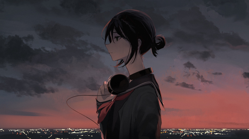 1girl absurdres backlighting bangs black_eyes black_hair black_sailor_collar breasts cable city_lights closed_mouth clouds commentary donguri_hello evening grey_shirt grey_sky hair_between_eyes hand_up headphones highres horizon long_sleeves looking_afar looking_away neckerchief original outdoors ponytail red_neckwear red_sky sailor_collar school_uniform serafuku shirt short_hair sky small_breasts solo sunset tied_hair upper_body