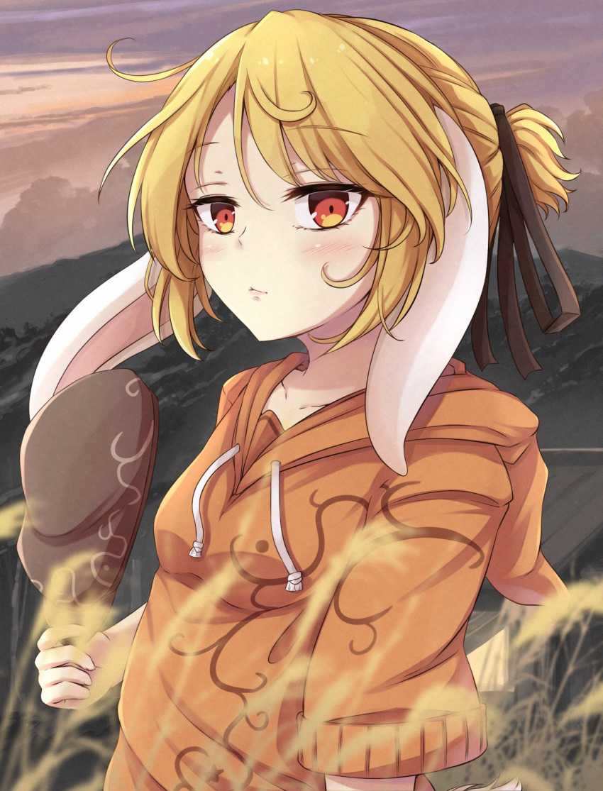 1girl alternate_hairstyle animal_ears bangs blurry blurry_foreground brown_headwear closed_mouth clouds drawstring eyebrows_visible_through_hair floppy_ears hat hat_removed headwear_removed highres holding holding_clothes holding_hat hood hoodie looking_at_viewer neko_mata orange_hoodie outdoors ponytail rabbit_ears red_eyes ringo_(touhou) short_hair short_sleeves sky solo touhou upper_body