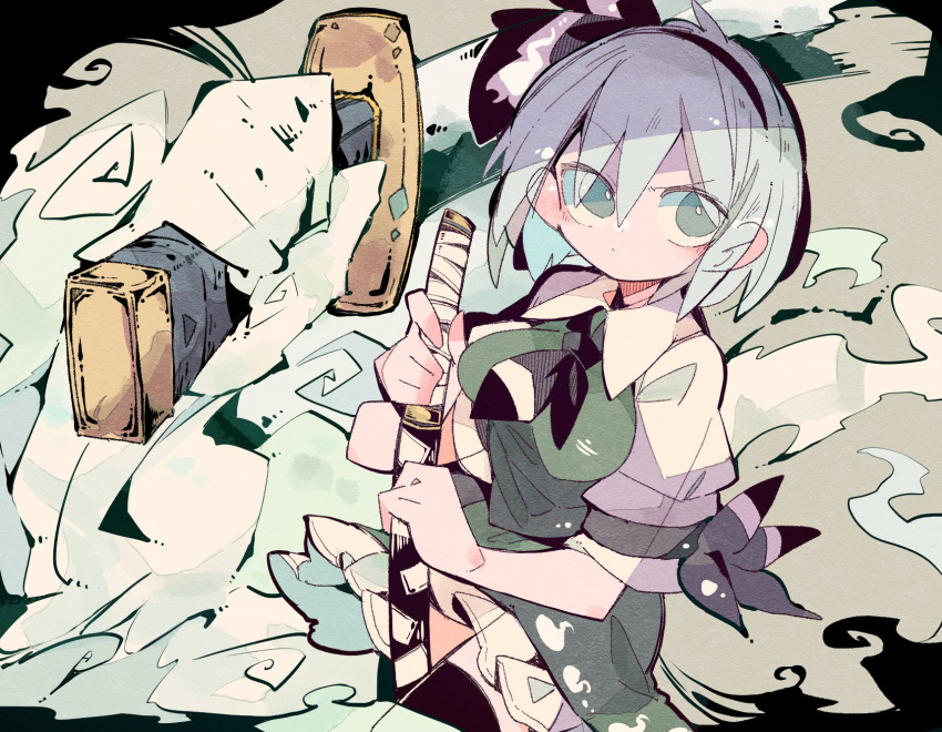 1girl bangs black_hairband black_legwear black_neckwear black_ribbon breasts bright_pupils cowboy_shot green_eyes green_skirt green_vest grey_hair hair_ribbon hairband highres hitodama_print holding holding_sword holding_weapon katana konpaku_youmu konpaku_youmu_(ghost) looking_at_viewer massakasama medium_breasts medium_hair ribbon shirt short_sleeves skirt solo sword thigh-highs touhou vest weapon white_shirt