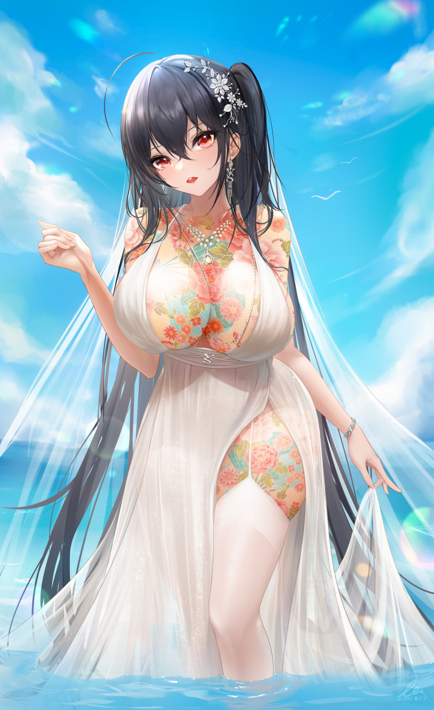 1girl absurdres ahoge azur_lane bangs blue_sky bracelet breast_tattoo breasts chest_tattoo clouds commentary day dress earrings eyebrows_visible_through_hair feet_out_of_frame flower flower_tattoo garter_straps hair_between_eyes hair_flower hair_ornament highres huge_breasts jewelry leg_tattoo liu_liaoliao long_hair looking_at_viewer necklace ocean official_alternate_costume one_side_up red_eyes skirt_hold sky sleeveless sleeveless_dress solo standing symbol-only_commentary taihou_(azur_lane) taihou_(temptation_on_the_sea_breeze)_(azur_lane) tattoo thigh-highs veil very_long_hair wading water white_dress white_flower white_legwear