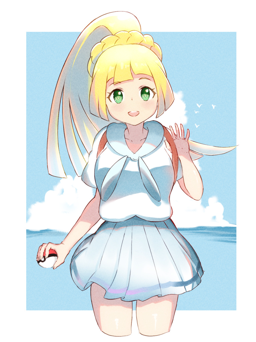 1girl bangs blonde_hair blush border clouds commentary_request cowboy_shot day dougaku_(passionpit777) eyelashes green_eyes hand_up highres holding holding_poke_ball holding_strap lillie_(pokemon) long_hair looking_at_viewer open_mouth outdoors pleated_skirt poke_ball poke_ball_(basic) pokemon pokemon_(game) pokemon_sm shirt short_sleeves skirt sky solo strap summer teeth upper_teeth white_border white_shirt
