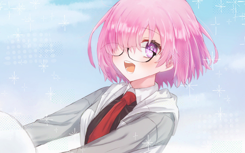1girl black-framed_eyewear black_dress blush collared_dress commentary_request dress eyebrows_visible_through_hair fate/grand_order fate_(series) glasses grey_jacket hair_over_one_eye harukappa highres hood hood_down hooded_jacket jacket light_purple_hair long_sleeves looking_at_viewer mash_kyrielight necktie one_eye_covered open_clothes open_jacket open_mouth red_neckwear short_hair smile solo teeth tongue upper_body violet_eyes