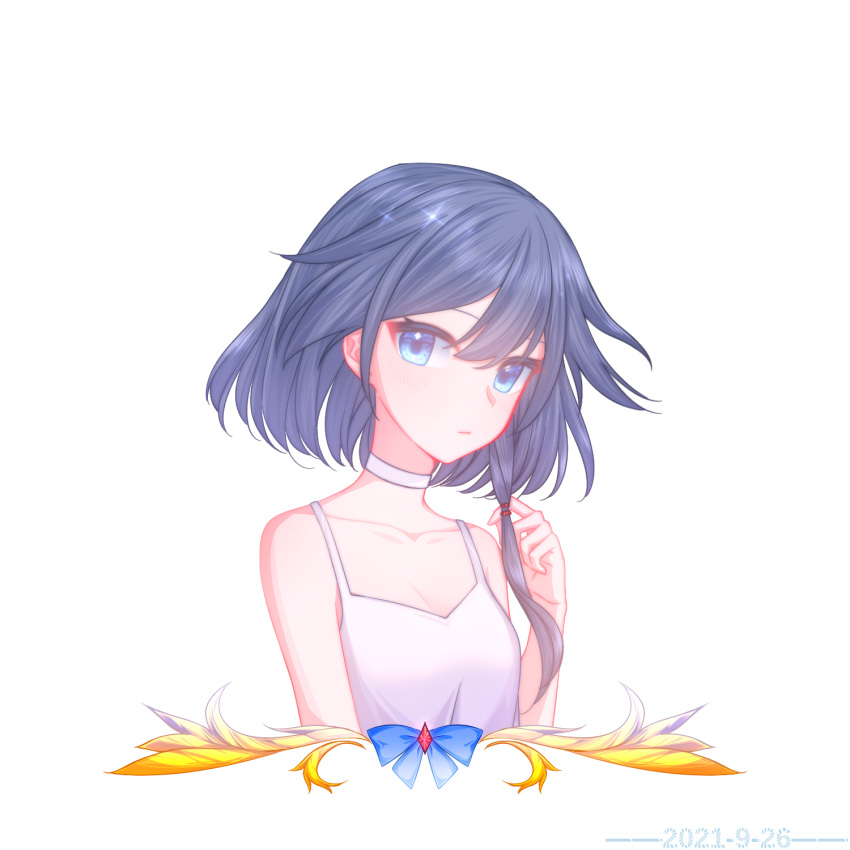 1girl alternate_hairstyle bangs black_hair blue_eyes choker closed_mouth dress fu_hua hair_between_eyes highres honkai_(series) honkai_impact_3rd looking_at_viewer medium_hair qaliw simple_background sleeveless sleeveless_dress solo white_background white_dress