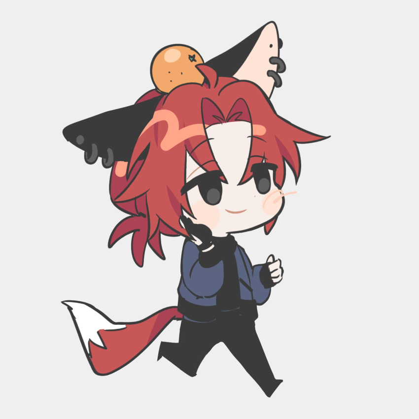 1boy 8enthopelagic animal_ears black_eyes blue_jacket blush chibi closed_mouth commentary_request earrings eoduun_badaui_deungbul-i_doeeo food fox_boy fox_ears fox_tail fruit full_body grey_background highres jacket jewelry kemonomimi_mode kim_jaehee korean_commentary long_sleeves male_focus object_on_head orange_(fruit) redhead short_hair simple_background smile solo tail