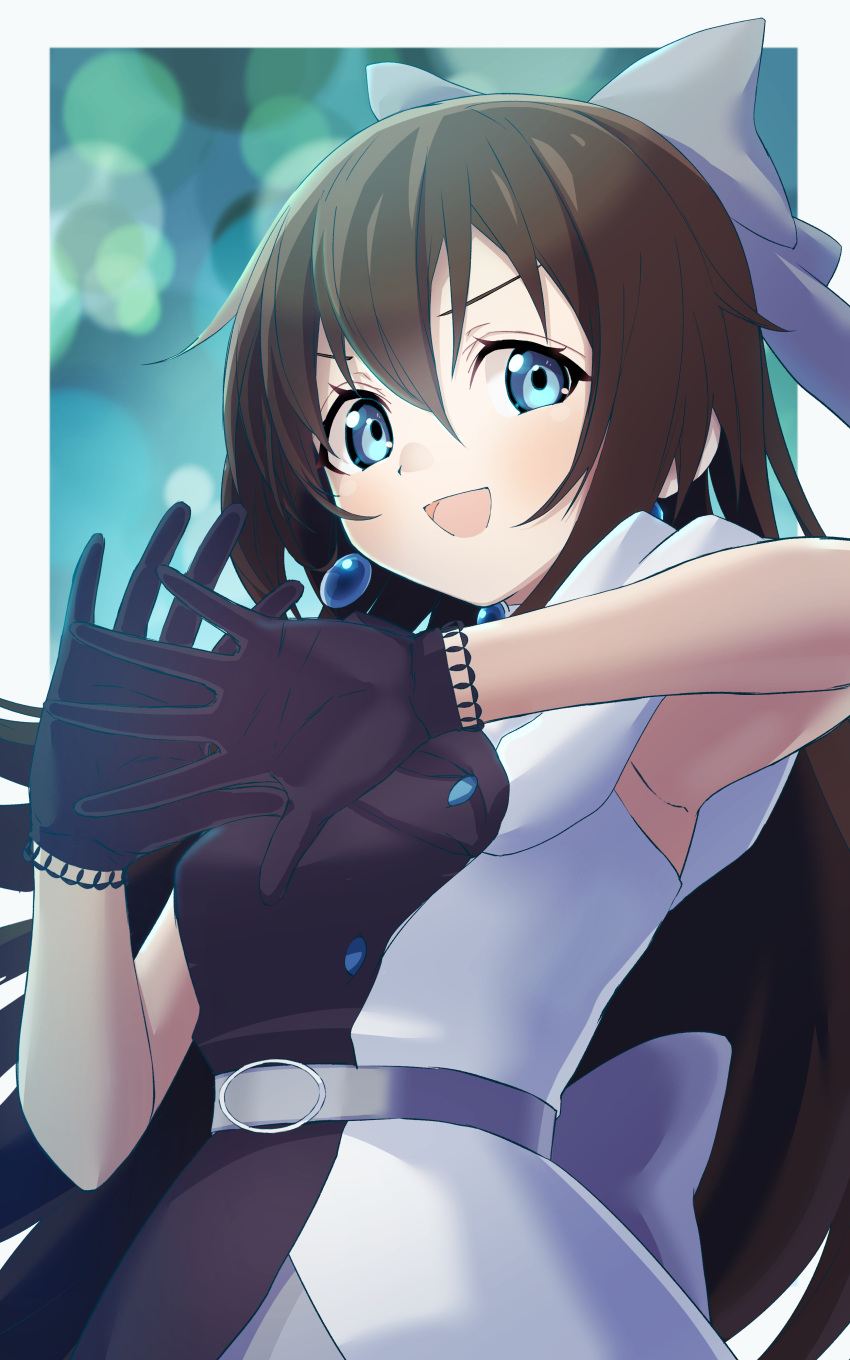1girl absurdres armpits bangs belt black_gloves blue_eyes bow brown_hair dress drop_earrings earrings evening_gown gloves grey_belt hair_bow highres huge_bow idol_clothes jewelry lace lace_gloves long_hair looking_at_viewer love_live! love_live!_nijigasaki_high_school_idol_club makimaki off-shoulder_dress off_shoulder open_mouth ousaka_shizuku sleeveless sleeveless_dress smile solitude_rain_(love_live!) solo two-tone_dress upper_body white_bow