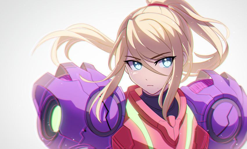 1girl backlighting blonde_hair blue_eyes enni eyebrows_visible_through_hair gravity_suit highres looking_to_the_side metroid metroid_dread mole mole_under_mouth neon_trim ponytail power_suit samus_aran serious solo upper_body