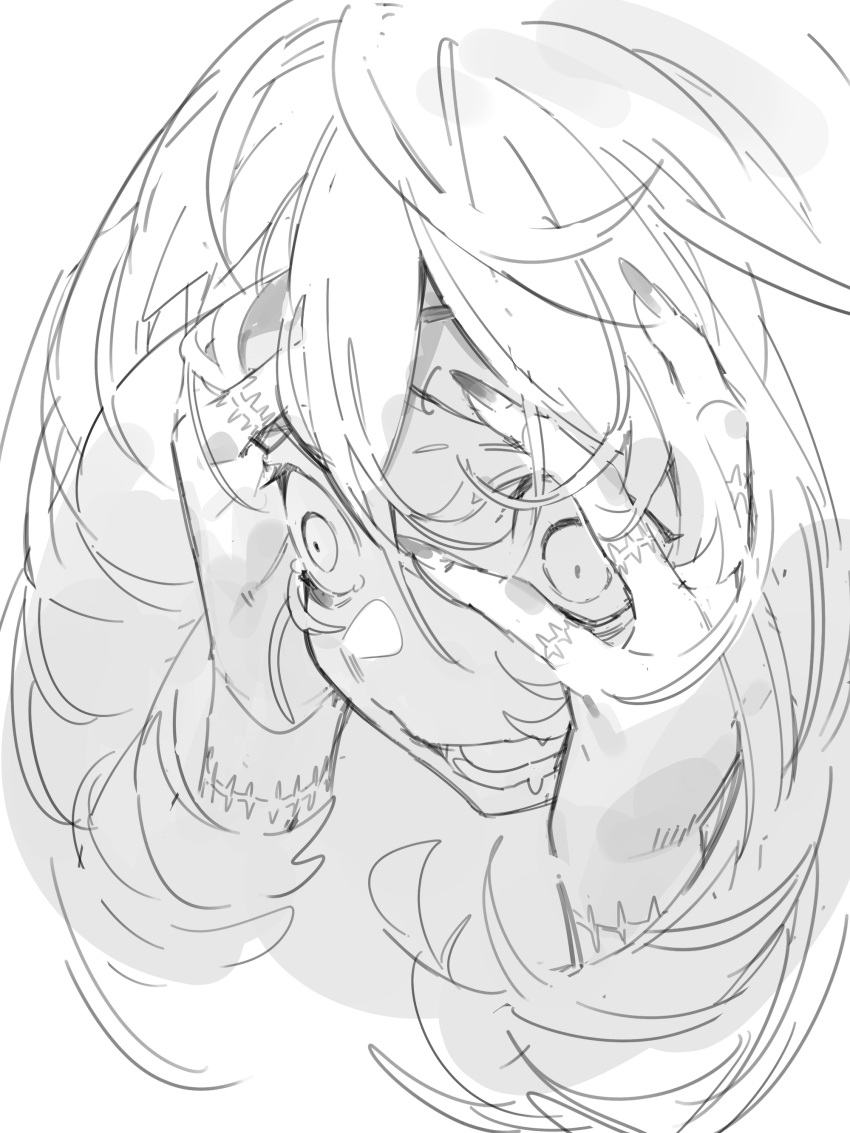 1girl absurdres amrkdrw crazy_eyes drooling fingernails greyscale hair_between_eyes hands_on_own_face highres long_fingernails long_hair lower_teeth monochrome open_mouth original saliva scar scar_on_arm simple_background solo tearing_up teeth white_background wide-eyed