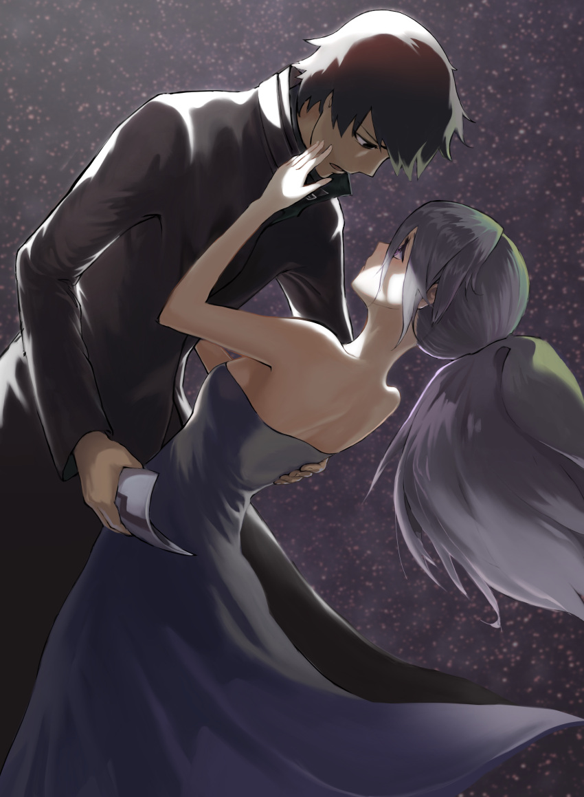 1boy 1girl absurdres black_hair breasts closed_mouth darker_than_black dress hei_(darker_than_black) highres long_hair open_mouth ponytail silver_hair star_(sky) strapless strapless_dress violet_eyes yin_(darker_than_black)