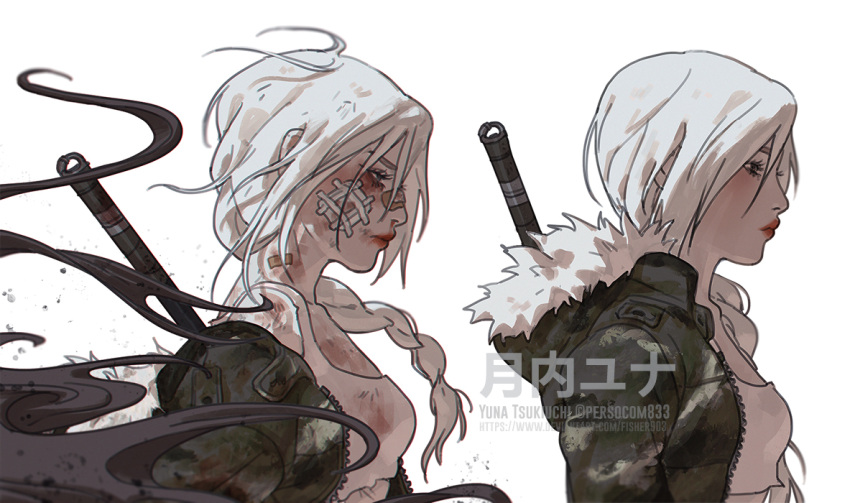 1girl bandaid black_eyes blood blood_on_clothes blood_on_face camouflage camouflage_jacket character_name character_profile character_sheet commission fisher903 jacket lipstick long_hair long_sleeves makeup naruto naruto_(series) ninja original shirt shrine side_ponytail simple_background solo sword sword_behind_back weapon white_background white_hair white_shirt